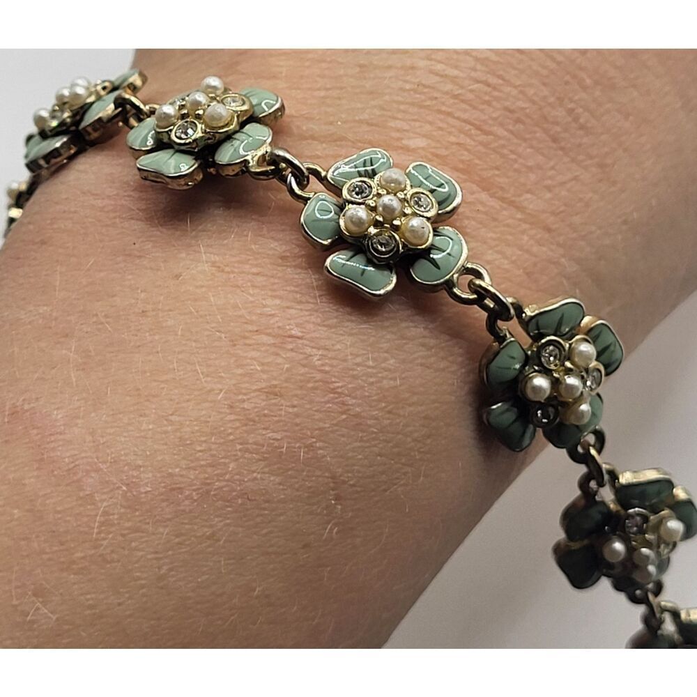 Floral Enamel Pearl Tennis Bracelet Box Clasp 7.3in - Picture 3 of 4